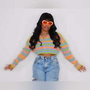 Striped Cropped Polo Sweater in Blue, Green & Orange